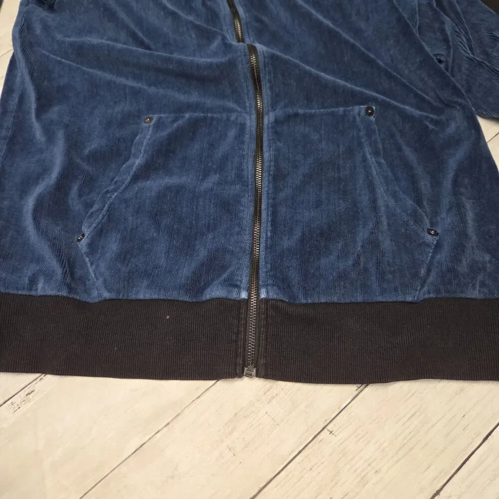 True Religion Mens Blue Corduroy Full Zip Hoodie Jacket Sz Large Buddha Graphic